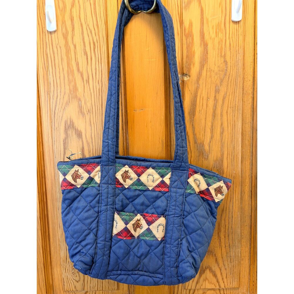 Vintage Quilted Horse Tote Bag Equestrian Plaid Horseshoe Navy Shoulder Purse